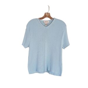 Talbots Vintage Light Blue V Neck Ribbed Short Sleeved Sweater XL